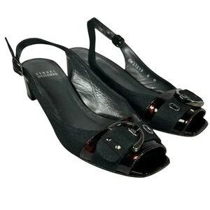 Stuart Weitzman Cavort Size 6 Tortoise Shell Peep Toe Block Heel Sandals Black C